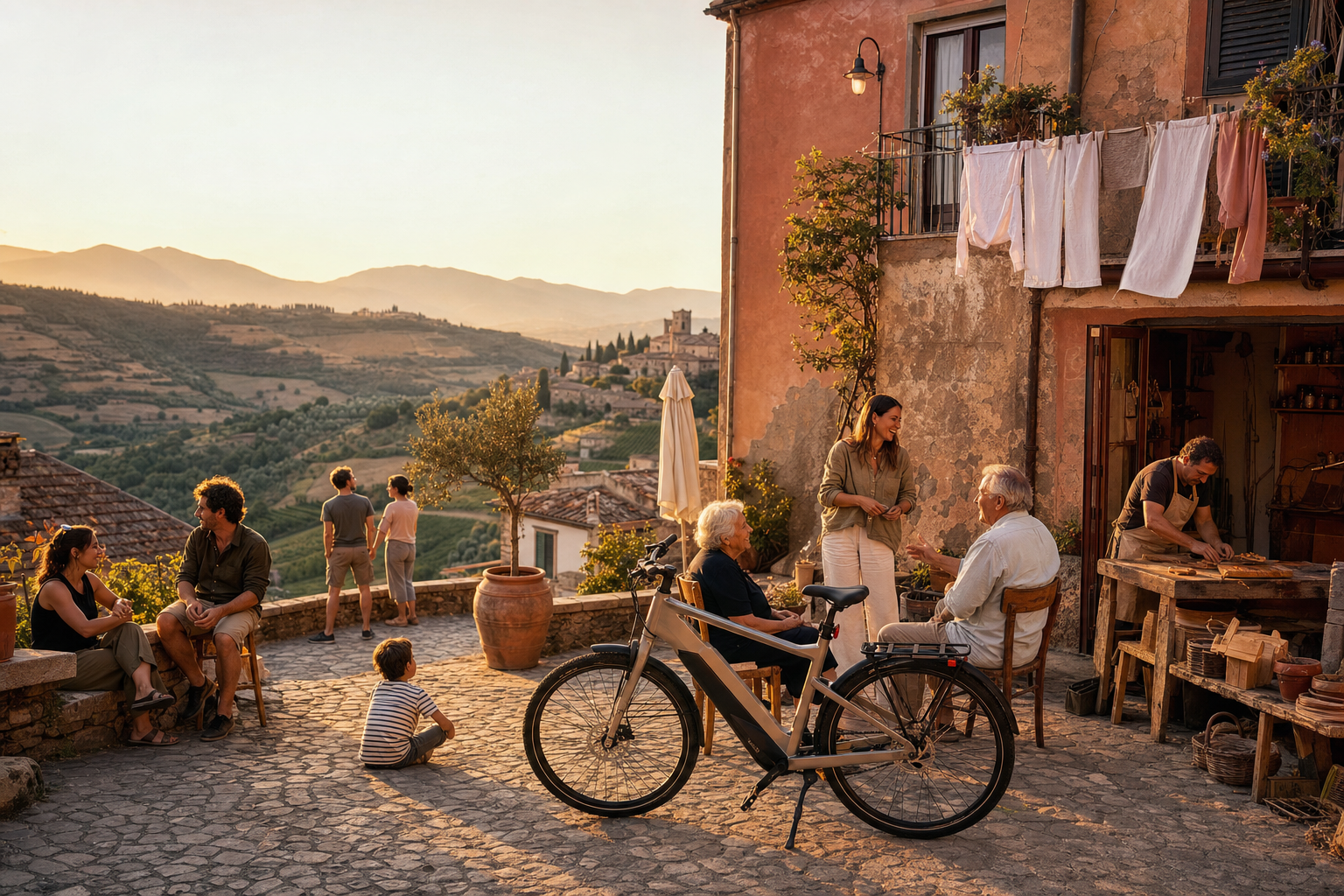 Een zonovergoten Italiaans heuveldorp met olijfbomen en wijngaarden, waar meerdere generaties bewoners samenpraten op een stenen plein naast fietsen en een kleine ambachtswerkplaats.