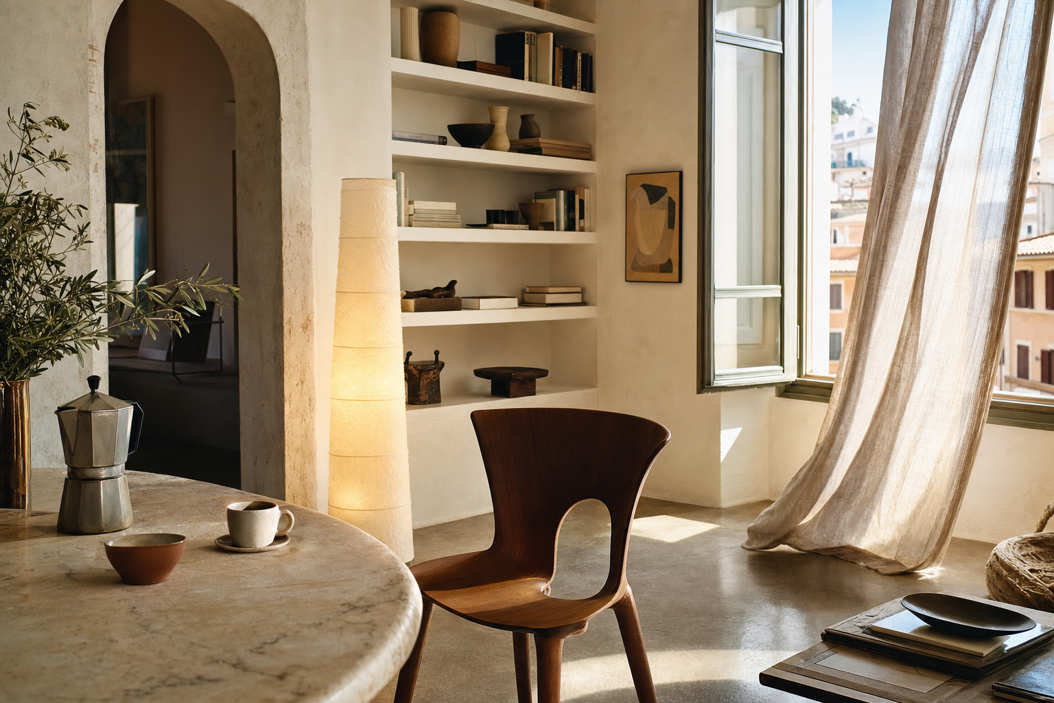 Een lichte woonruimte met een houten designstoel, een keramische koffiepot en kopjes op een stenen tafel, een moderne lamp en linnen gordijnen bij een open raam.