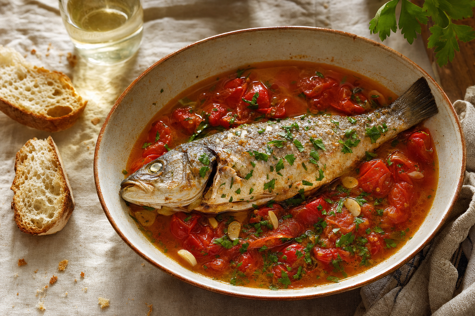 Een hele gegaarde zeebaars in een lage schaal met rode cherrytomaten, peterselie, knoflook en heldere tomatenbouillon, met sneden Italiaans brood ernaast.