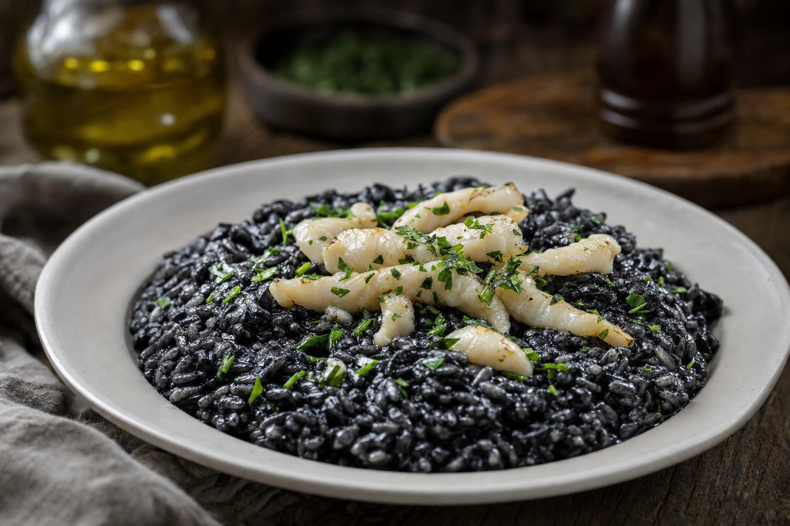 Een wit bord met diepzwarte, romige risotto, afgewerkt met reepjes gebakken zeekat, fijngehakte peterselie en glanzende olijfolie.