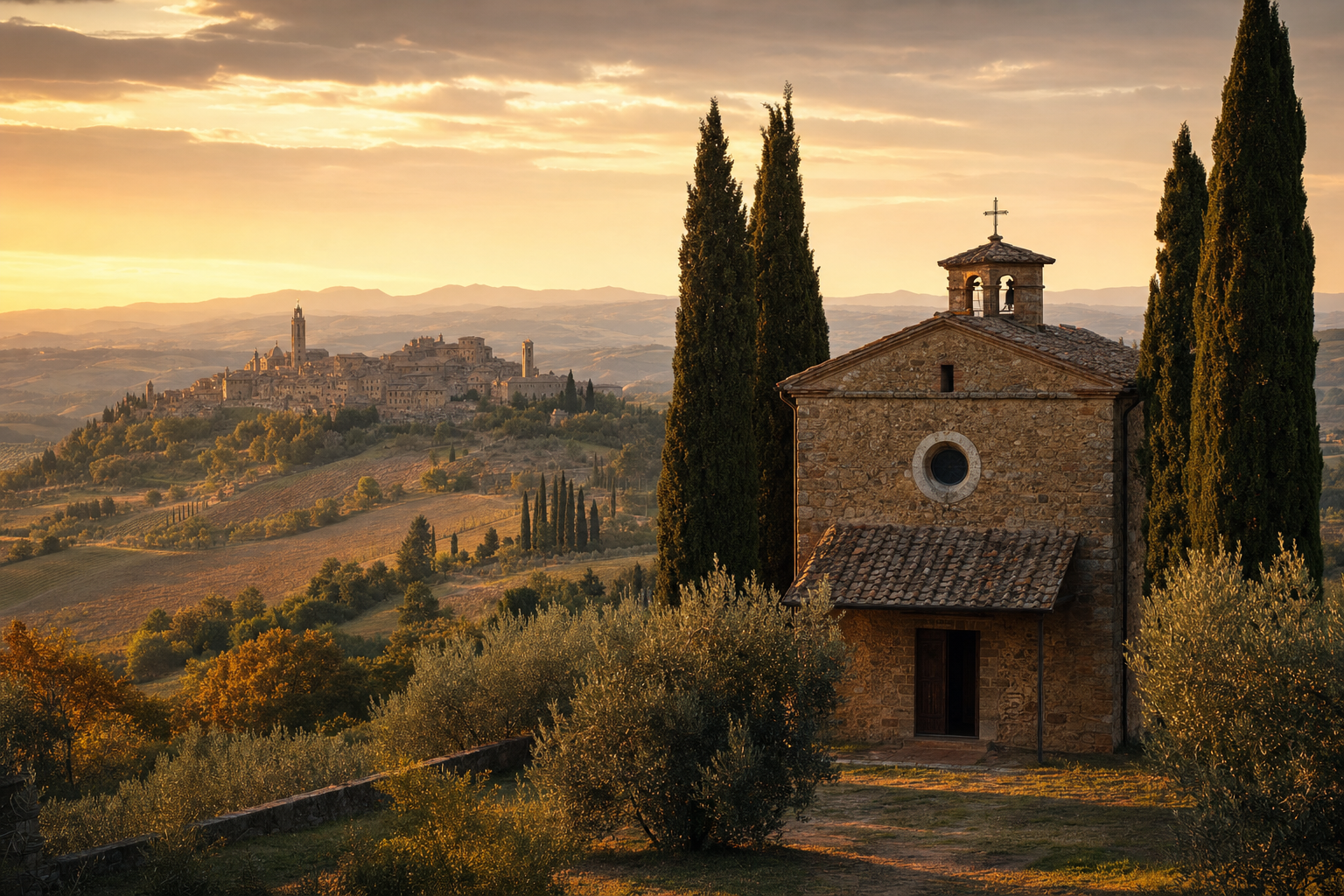 Glooiend Italiaans landschap in warm avondlicht met cipressen, een kleine stenen kapel en historische dorpen op heuvels in de verte.