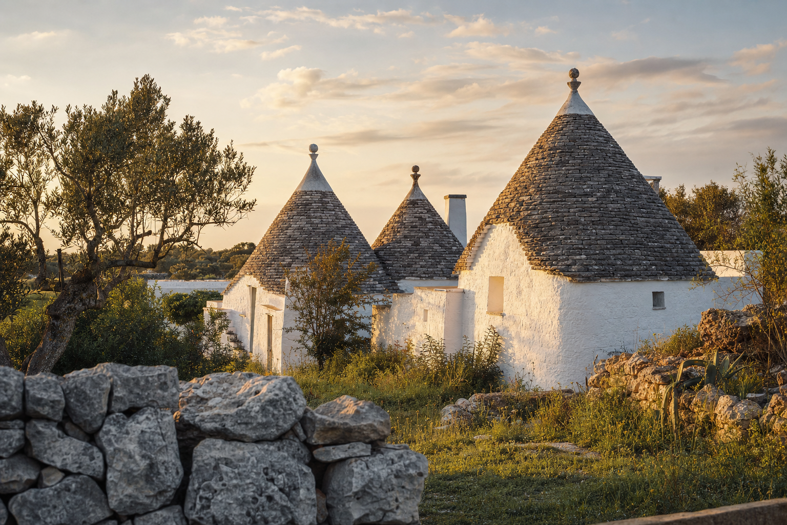 Een groep witte trulli met donkere kegelvormige stenen daken tussen lage droge stenen muren, olijfbomen en grasvelden in het landschap van Puglia.