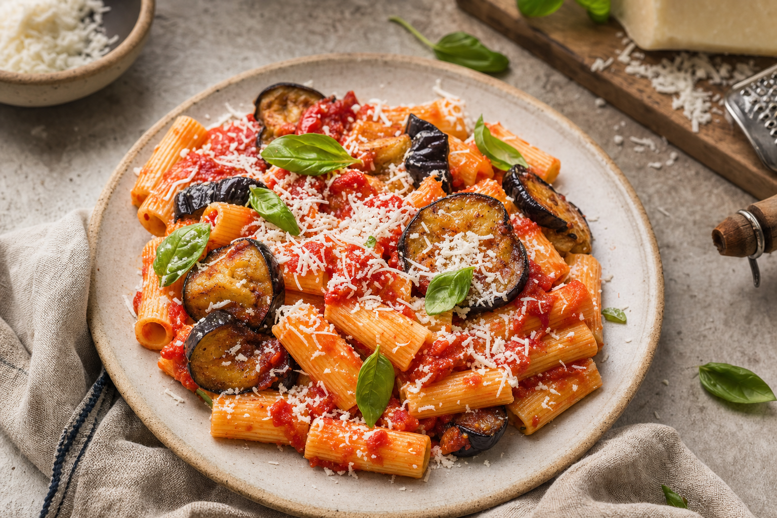 Een bord korte pasta in rode tomatensaus met goudbruine plakken aubergine, geraspte witte ricotta salata en verse basilicumblaadjes.