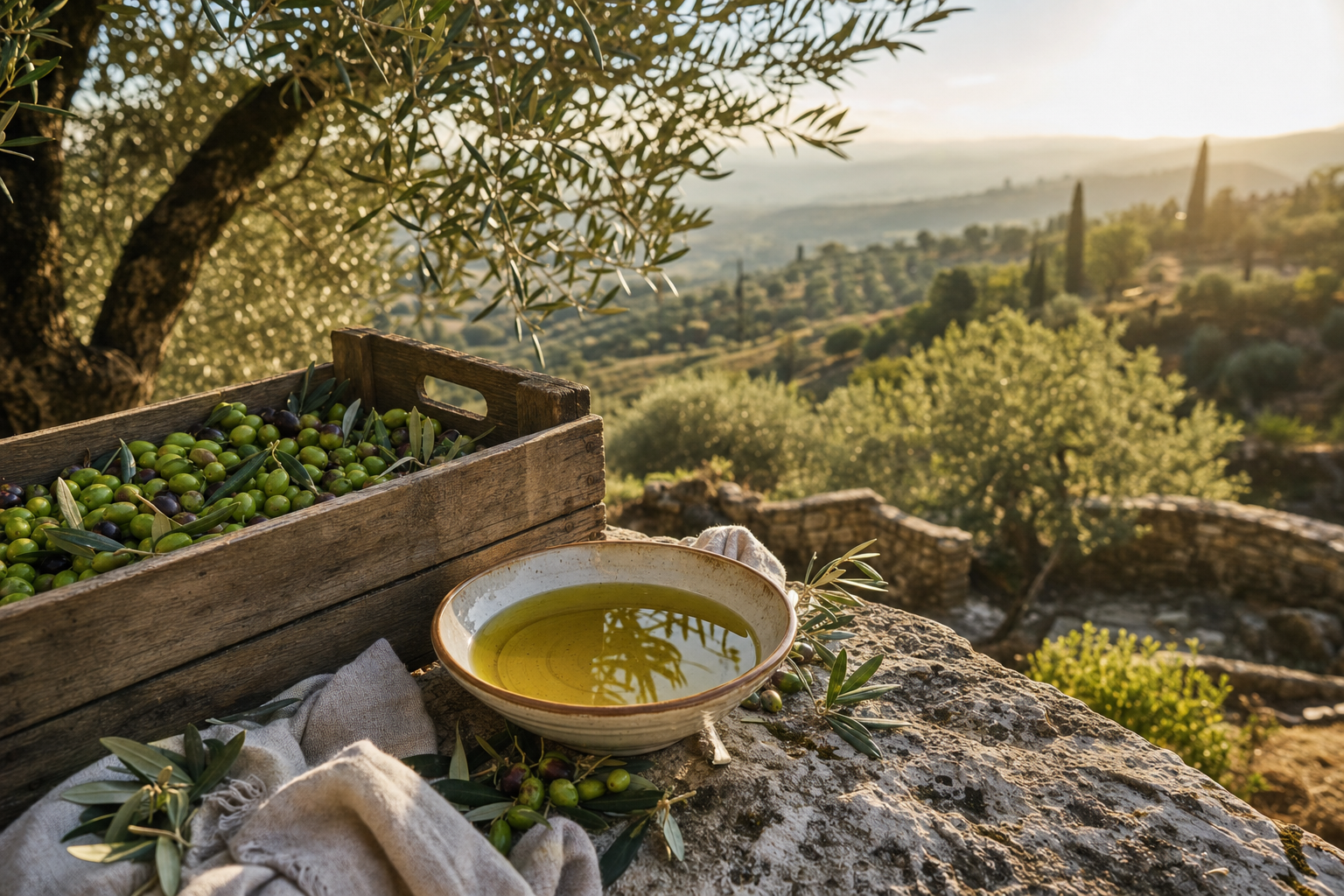 Oude olijfbomen op glooiend Italiaans platteland, met op een stenen tafel een houten krat vol verse olijven en een kom goudgroene olijfolie.