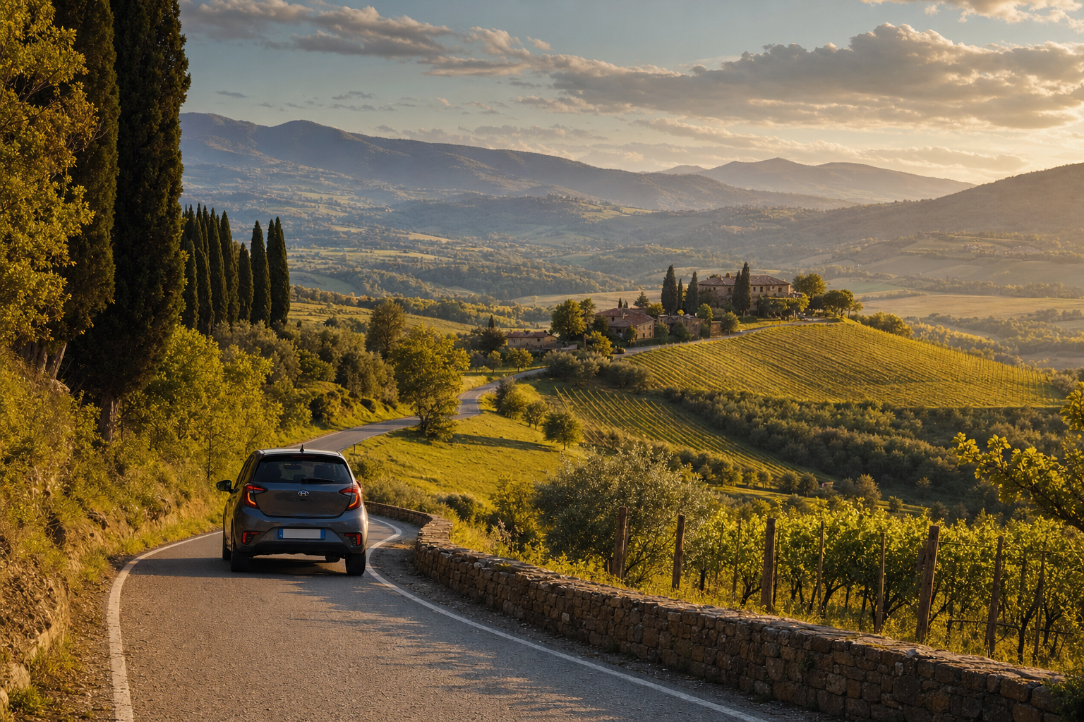 Een auto rijdt over een slingerende landelijke weg tussen groene heuvels, cipressen en wijngaarden in Italië.