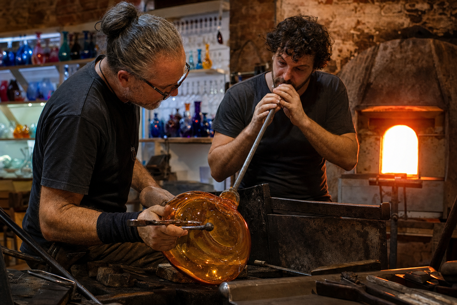 Twee glasmakers vormen in een warme werkplaats een gloeiend oranje glazen voorwerp aan een blaaspijp naast een oven.