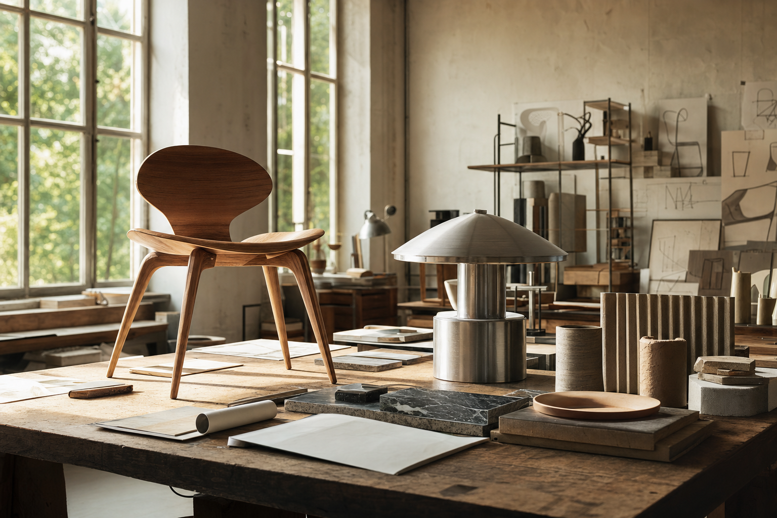 Een houten designstoel, metalen lampmodel en keramische materiaalstalen liggen en staan op een grote werktafel in een lichte ontwerpwerkplaats.