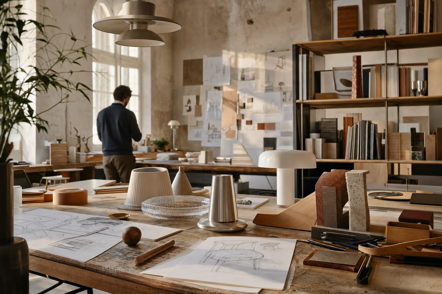 Een ruime ontwerpstudio met een lange werktafel waarop houten, glazen, keramische en metalen prototypes, schetsen en gereedschap liggen.