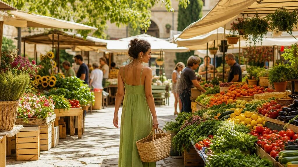 Een kleurrijke Italiaanse markt met verse producten en bloemen op een historisch stenen plein.
