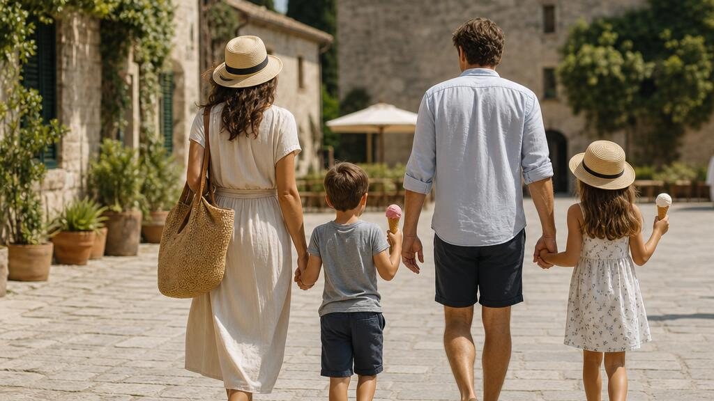 Een ontspannen Italiaans plein met ruimte voor gezinnen en een warme, groene vakantiesfeer.