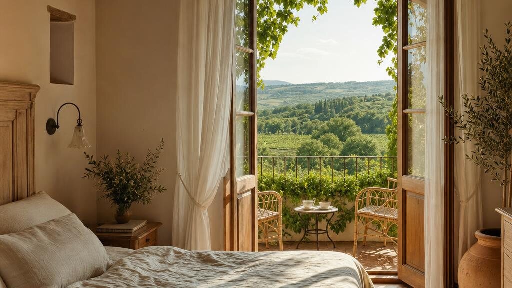 Een lichte Italiaanse slaapkamer met openslaande deuren naar groene heuvels en cipressen.